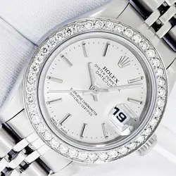 LADIES ROLEX DATEJUST STAINLESS STEEL, SILVER INDEX DIAL DIAMOND BEZEL WATCH