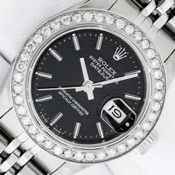 LADIES ROLEX DATEJUST STAINLESS STEEL, BLACK INDEX DIAL DIAMOND BEZEL WATCH