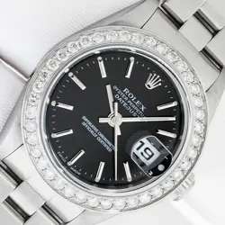 LADIES ROLEX DATEJUST QS STAINLESS STEEL - BLACK INDEX DIAL DIAMOND BEZEL WATCH