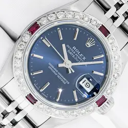 ROLEX LADIES DATEJUST WATCH STAINLESS STEEL BLUE INDEX DIAL, RUBY DIAMOND BEZEL