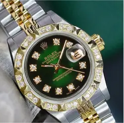 ROLEX DATEJUST LADIES TWO-TONE GOLD & STEEL GREEN VIGNETTE PYRAMID DIAMOND WATCH