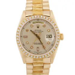 VINTAGE ROLEX DAY-DATE PRESIDENT SILVER DIAMOND BARK 36MM 18K YELLOW GOLD 18038