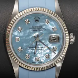 ROLEX DATEJUST 1601 FLUTED BEZEL RUBBER WATCH 36MM BLUE MOTHER OF PEARL DIAL