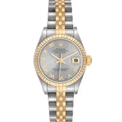 ROLEX DATEJUST SLATE ROMAN DIAL STEEL YELLOW GOLD LADIES WATCH 69173 BOX PAPERS