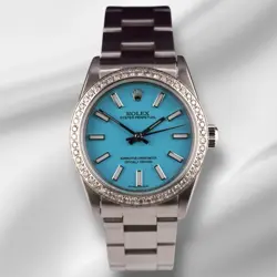 ROLEX OYSTER PERPETUAL 31MM 1CT DIAMONDS BABY BLUE DIAL STEEL WATCH 77080