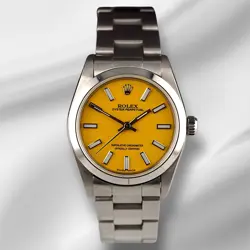 ROLEX OYSTER PERPETUAL 31MM STAINLESS STEEL YELLOW DIAL WATCH REF 77080