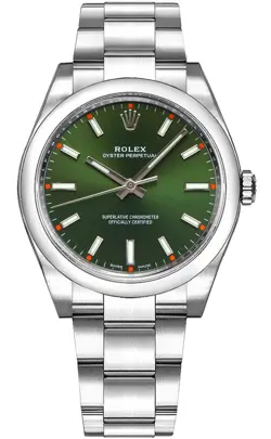 ROLEX OYSTER PERPETUAL 34MM 114200-0021 OLIVE GREEN DIAL WOMEN'S STEEL WATCH
