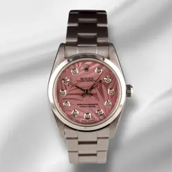ROLEX OYSTER PERPETUAL 31MM STAINLESS STEEL PINK PALM MOTIF DIAL WATCH 77080