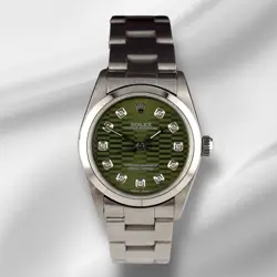 ROLEX OYSTER PERPETUAL 31MM STAINLESS STEEL GREEN MOTIF DIAL WATCH 77080