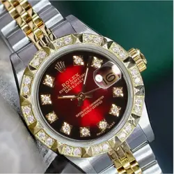 ROLEX DATEJUST LADIES TWO-TONE GOLD & STEEL RED VIGNETTE PYRAMID DIAMOND WATCH