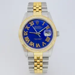36MM ROLEX DATEJUST SS/10K GOLD JUBILEE BLUE ROMAN 1.8CT DIAMOND BEZEL WATCH