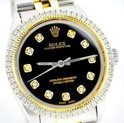 34MM ROLEX OYSTER PRECISION SS/10K GOLD JUBILEE 1.5CT DIAMOND BLACK DIAL WATCH