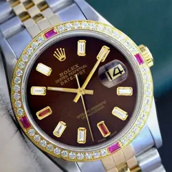 ROLEX DATEJUST MENS TWO-TONE 18KY STEEL CHOCOLATE BAGUETTE WATCH 1.75CTS 36MM