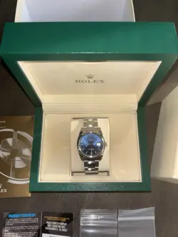 ROLEX OYSTER PERPETUAL DATE  STAINLESS STEEL 34MM WATCH BLUE STICK DIAL