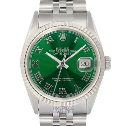 ROLEX DATEJUST 16234 S/ STEEL 36MM WATCH GREEN ROMAN DIAL 18K GOLD FLUTED BEZEL