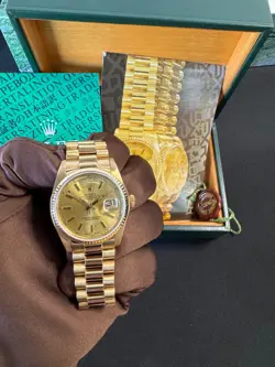 ROLEX 18038 DAY-DATE PRESIDENT 18K YELLOW GOLD WATCH W/BOX, BOOKLET, AND RED TAG