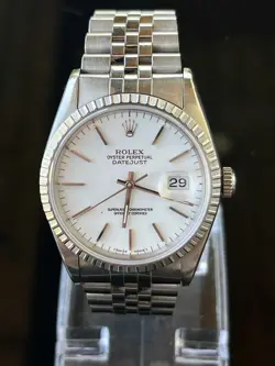 ROLEX DATEJUST 16220 WHITE DIAL 36MM SS JUBILEE 7.5” ENGINE TURNED BEZEL 1991