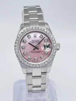 ROLEX DATEJUST LADIES 26MM 179160 MOP PINK DIAMOND DIAL DIAMOND BEZEL BOX PAPERS