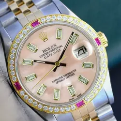 ROLEX DATEJUST MENS TWO-TONE 18KY STEEL PINK MOTHER OF PEARL WATCH 1.75CTS 36MM