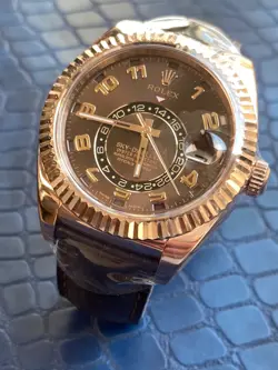 ROLEX 42MM ROSE GOLD SKY DWELLER CHOCOLATE DIAL LEATHER STRAP 326135 COMPLETE