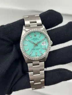 VINTAGE ROLEX Date 15200 Blue Dial Diamond Bezel Stainless Steel Watch 34mm