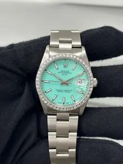 VINTAGE ROLEX Date 15200 Blue Dial Diamond Bezel Stainless Steel Watch 34mm