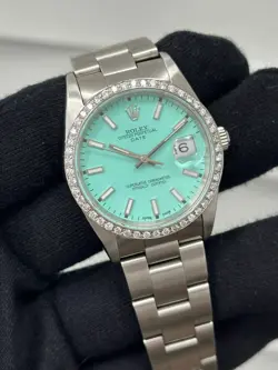 VINTAGE ROLEX Date 15200 Blue Dial Diamond Bezel Stainless Steel Watch 34mm