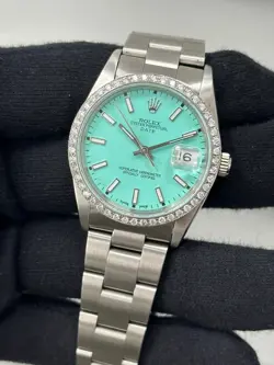 VINTAGE ROLEX Date 15200 Blue Dial Diamond Bezel Stainless Steel Watch 34mm