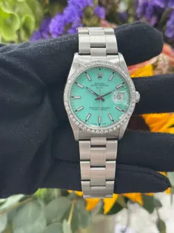 VINTAGE ROLEX Date 15200 Blue Dial Diamond Bezel Stainless Steel Watch 34mm