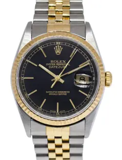 ROLEX DATEJUST 18K YELLOW GOLD/STEEL BLACK DIAL MENS 36MM JUBILEE WATCH K 16233