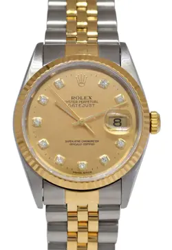 ROLEX DATEJUST 36 18K YELLOW GOLD/STEEL CHAMP DIA DIAL MENS OYSTER WATCH P 16233