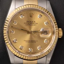 ROLEX DATEJUST 16233 NO HOLE TWO-TONE JUBILEE WATCH 36MM CHAMPAGNE DIAMOND DIAL
