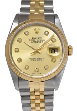 ROLEX DATEJUST 36 18K YG/STEEL CHAMPAGNE DIAMOND DIAL MENS JUBILEE WATCH E 16233