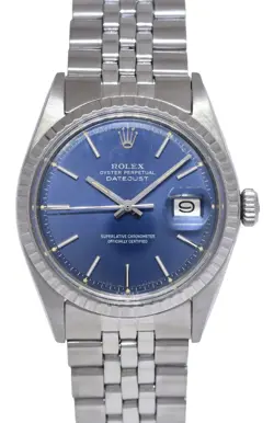 ROLEX DATEJUST STEEL BLUE DIAL ENGINE TURNED BEZEL JUBILEE 36MM WATCH '69 1603