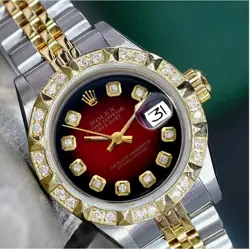 ROLEX DATEJUST LADIES TWO-TONE GOLD & STEEL WATCH RED DIAMOND DIAL & BEZEL 26MM