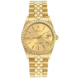 ROLEX OYSTER PERPETUAL DATE CHAMPAGNE DIAL DIAMOND BEZEL YELLOW GOLD WATCH 15037