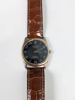 ROLEX CELLINI 18K GOLD DANAOS 4233 WATCH WITH BLACK DIAL, BROWN CROCODILE BAND