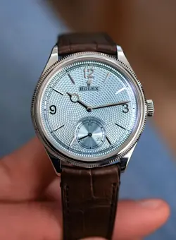 ROLEX 1908 PLATINUM GLACIER ICE BLUE GUILLOCHE FILET SAUTé 52506 SMALL SECONDS
