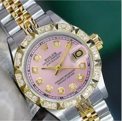 ROLEX DATEJUST LADIES TWO-TONE GOLD & STEEL BABY PINK PYRAMID DIAMOND WATCH 26MM