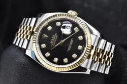 2005 ROLEX DATEJUST 36MM 18K YELLOW GOLD & STEEL BLACK DIAMOND DIAL 116233