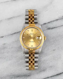 ROLEX DATEJUST REFERENCE 16233G 90S CHAMPAGNE DIAMOND DIAL 18K YELLOW GOLD