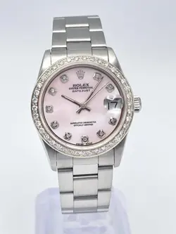 LADIES ROLEX DATEJUST 31MM 68240 PINK MOP DIAMOND DIAL DIAMOND BEZEL OYSTER BOX