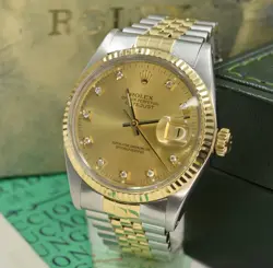 ROLEX DATEJUST 36MM 16013 CHAMPAGNE DIAMOND DIAL 1986 BOX AND PAPERS