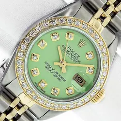 ROLEX LADY DATEJUST GREEN DIAMOND WATCH STEEL AND 18K GOLD DIAMOND BEZEL WATCH