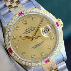 ROLEX DATEJUST MENS TWO-TONE 18KY STEEL ORIGINAL CHAMPAGNE DIAMOND WATCH 36MM