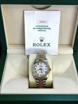 ROLEX DATEJUST 36MM - T/T YG JUBILEE BRACELET - FLUTED BEZEL - WHITE ROMAN DIAL.