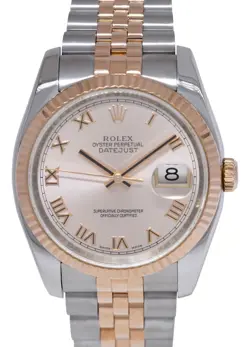 ROLEX DATEJUST 18K ROSE GOLD/STEEL PINK ROMAN DIAL 36MM JUBILEE WATCH +PP 116231