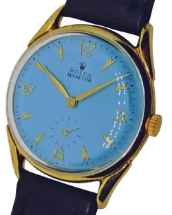 VINTAGE ROLEX MARCONI TURCOISE BLUE DIAL WIND UP 18K GOLD PLATED CASE MENS WATCH
