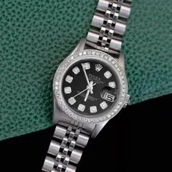 ROLEX DATEJUST LADIES STAINLESS STEEL BLACK DIAL DIAMOND BEZEL 0.90CTS WATCH