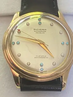 Vintage Bucherer Incablock 17K Gold Mens Diamond 17 Jewels Wrist Watch Rolex